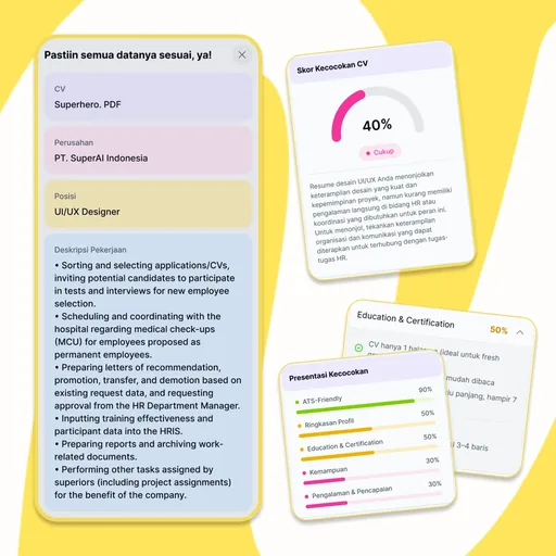 Contoh analisis kecocokan CV dengan lowongan, beserta masukan untuk profil, kemampuan, dan pengalaman.